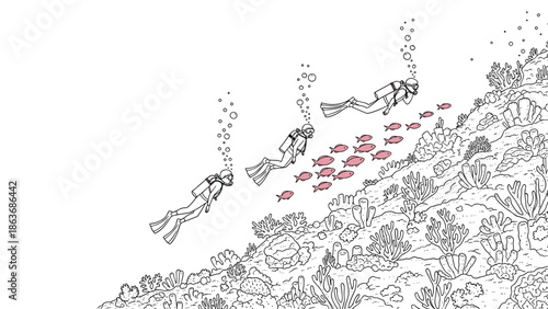 Underwater adventure: diving with coral reef marine life in linear style