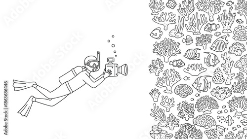 Underwater enthusiast filming diverse marine life in outline style