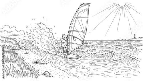 Seaside adventure: detailed line art of windsurfing on a sunny day