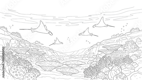 Underwater ocean scene with manta rays and coral reefs in linear art style
