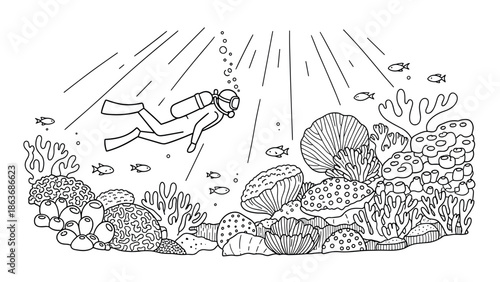 Underwater adventure: scuba diver exploring vibrant coral reefs in linear art