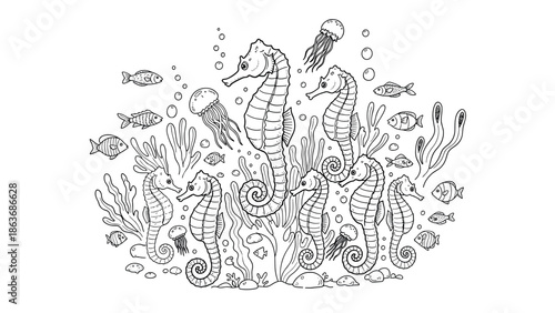 Intricate marine life scene with seahorses and jellyfish in detailed outline style