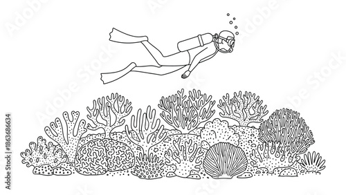 Scuba diver exploring coral reef in detailed black and white drawing