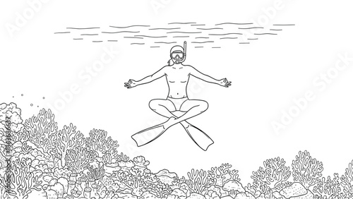 Snorkeling explorer: underwater adventure in coral reef line art design