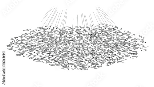 School of fish in sunlit ocean depths - line art