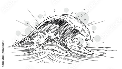 Adventurous rafting team conquers wild river waves in dynamic sketch style