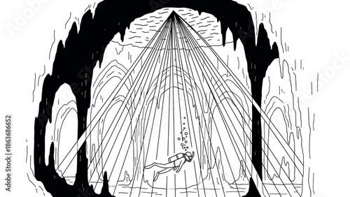 Diver exploring underwater cave with light rays in monochrome drawing