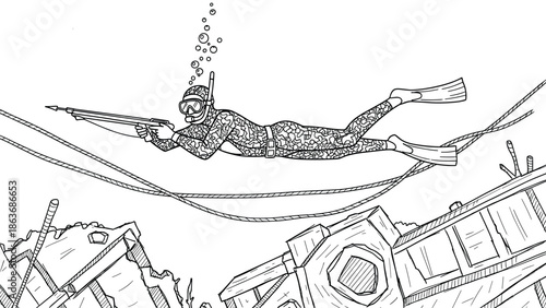 Diver exploring underwater shipwreck with harpoon in detailed line art style