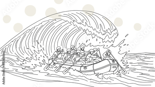 Thrilling whitewater rafting adventure in dynamic line art