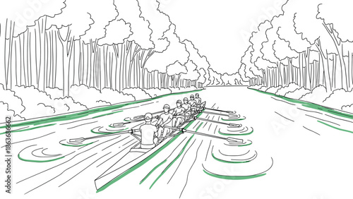 Linear team rowing on a river in a forest scene