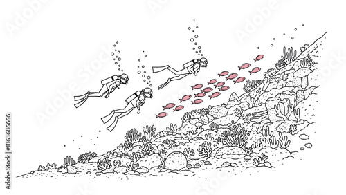Scuba divers exploring coral reef with fish in minimalist line art style