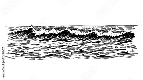 Ocean waves in black and white hand drawn sketch style