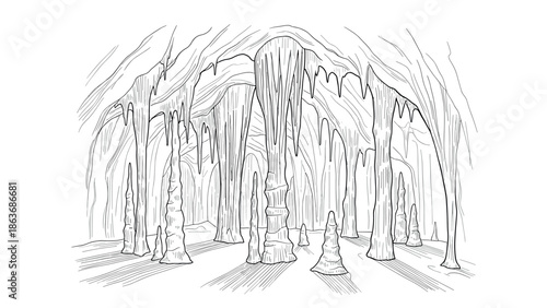 Mystical stalactite and stalagmite cave in linear style