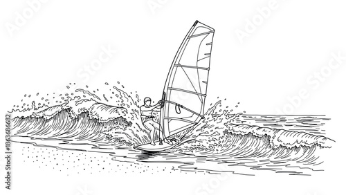 Dynamic windsurfing adventure captured in detailed line art on ocean waves