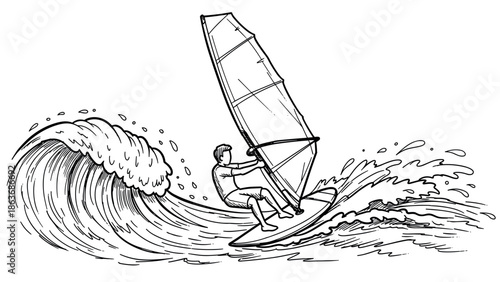 Dynamic windsurfing action on wave in detailed black and white line art