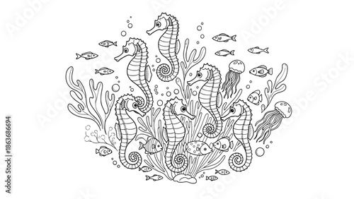 Hand drawn marine life: seahorses and jellyfish in an intricate sea scene