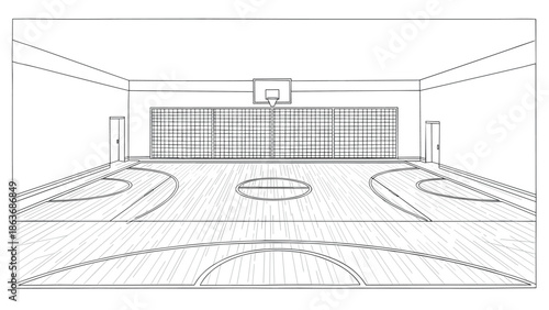 Linear art interior of an indoor basketball court with hoop and wooden flooring