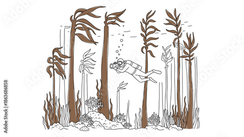 Diver exploring marine life among tall ocean plants in underwater scene