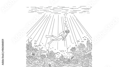 Diver exploring sunlit underwater world in linear style ocean scene