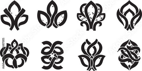 A collection of eight unique black floral designs on a white background