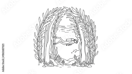 Diver exploring underwater cave in hand-drawn ocean scene