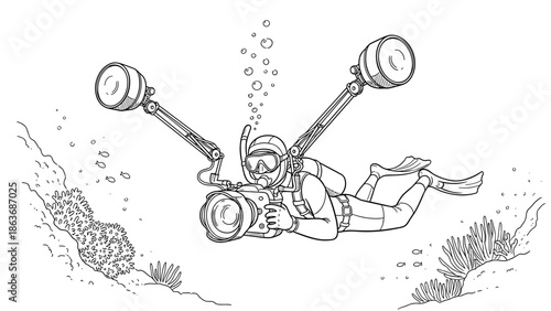 Underwater photographer capturing marine life in detailed line drawing