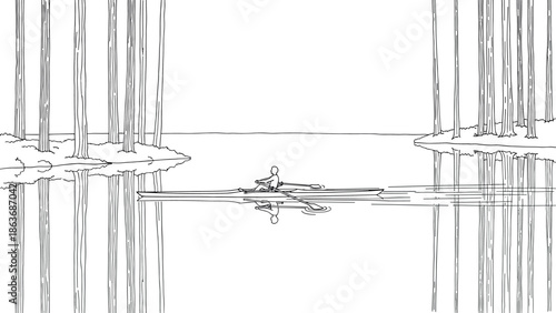 Linear canoeing scene on reflective lake amidst tall pine trees