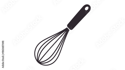 Simple black and white illustration of a kitchen whisk on a white background