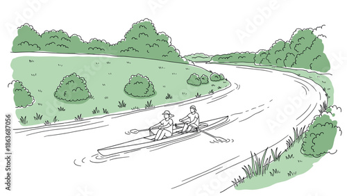 Line art of two people canoeing on a calm river surrounded by lush greenery