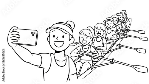 Rowing team enjoys selfie moment while paddling together in black and white linear art