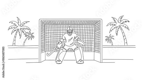 Field hockey goalie in action: tropical linear sketch of sports scene