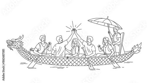 Team celebration on dragon boat: line art of people paddling with enthusiasm