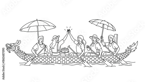 Group rowing in dragon boat with umbrellas: outline style teamwork celebration