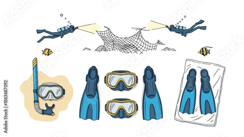 Scuba diving adventure with diving gear and marine life in cartoon style