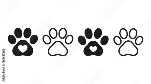Four black and white paw prints two with heart shapes inside