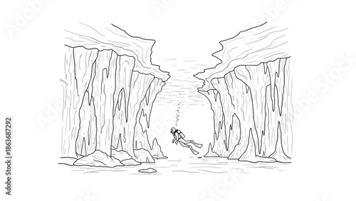Scuba diver exploring underwater canyon in linear art