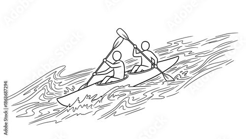 Dynamic line art of two people kayaking in rapid water adventure