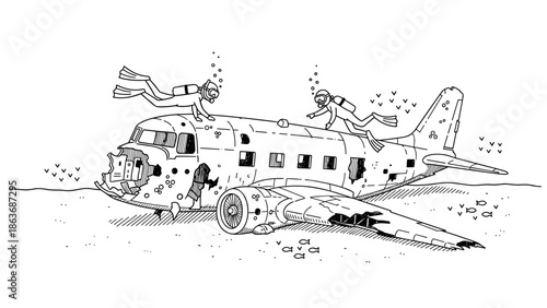 Underwater adventure with divers exploring sunken plane wreck