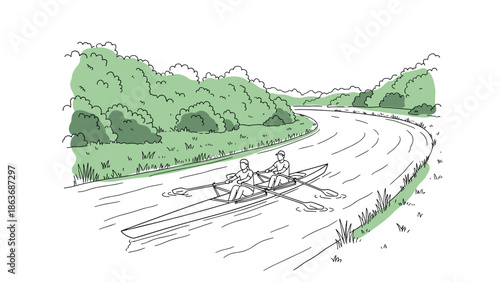 Minimalist line art of rowers on a serene river amidst lush greenery