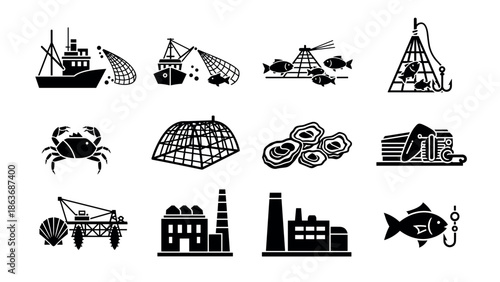 Marine harvesting and aquaculture icons set