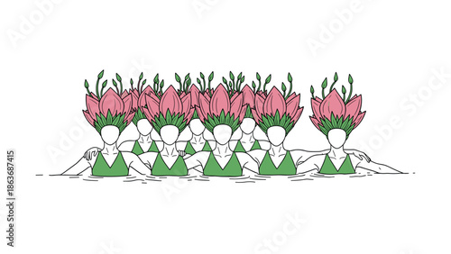 Flower-headed synchronized swimmers in a minimalist, modern design