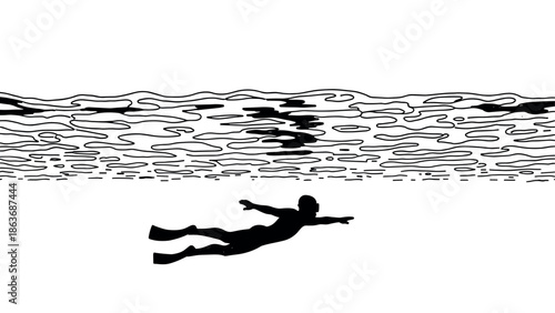 Silhouette of diver swimming underwater with textured waves above