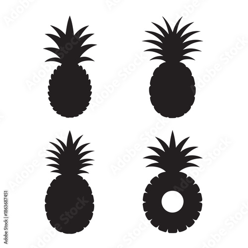 Four black silhouette pineapple icons on a white background in different orientations and styles
