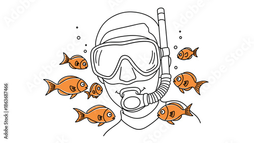 Line art snorkeling adventure with tropical fish