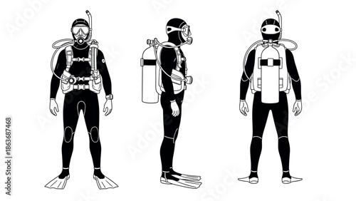 Black and white scuba diver gear diagram in detailed line art style