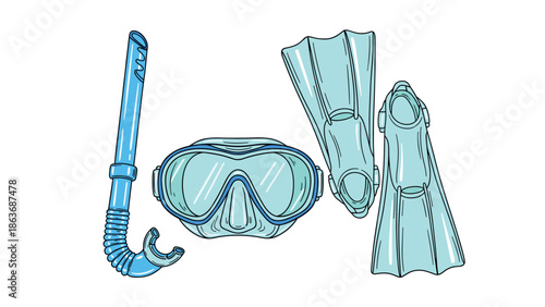 Diving gear set in linear style: snorkel, mask, and fins for ocean adventures