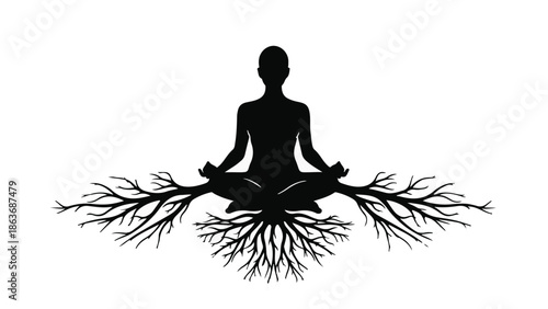 Silhouette of a person meditating with roots growing from their body, symbolizing grounding and connection to nature.