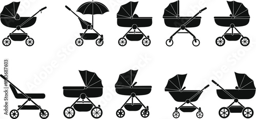 Baby Stroller Silhouette Set with Multiple Pram Designs Isolated on White Background