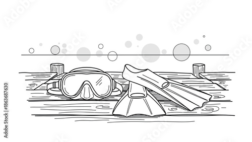 Monochrome dive gear on dock with snorkel, mask, and fins in minimalist style