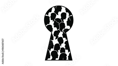Diverse crowd of people's silhouettes seen through a keyhole, symbolizing access and community.